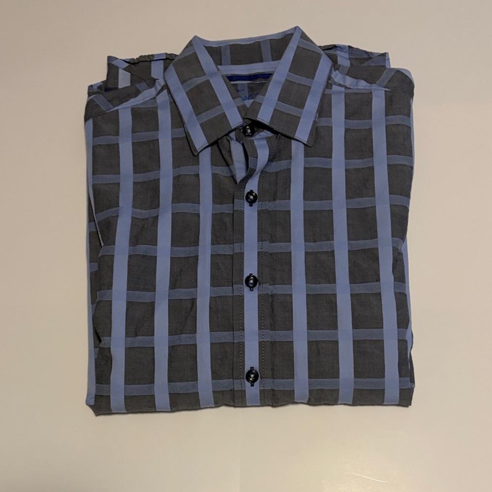 Tasso Elba Men's Blue and Gray Checkered Shirt